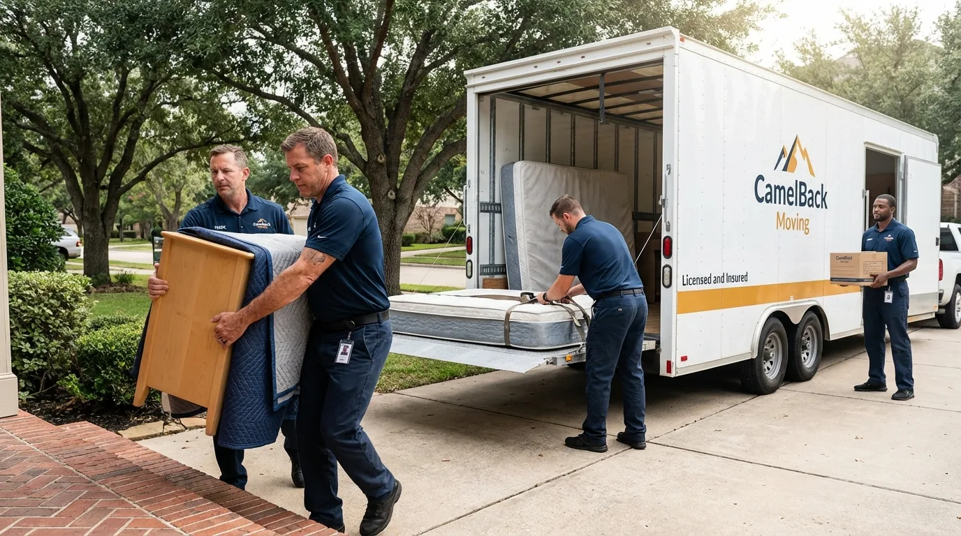 Crew loading residential truck for cross-state move from Thorp, WI