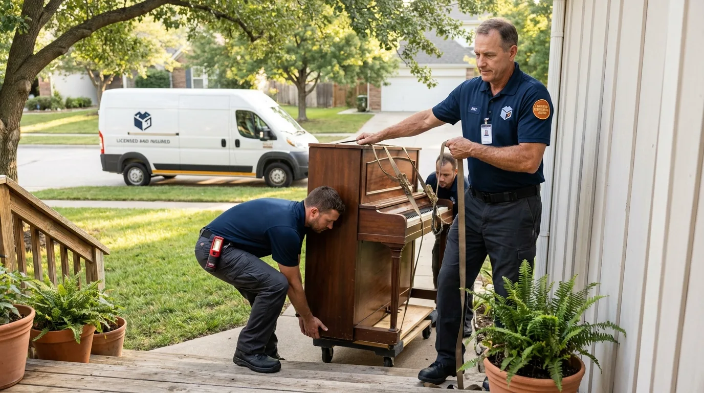 Licensed piano movers securing grand piano in Thorp, WI