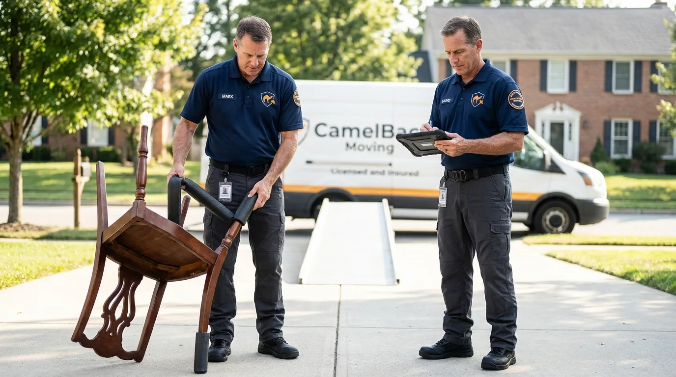 Movers inspecting furniture for damage prevention before loading in Thorp, WI