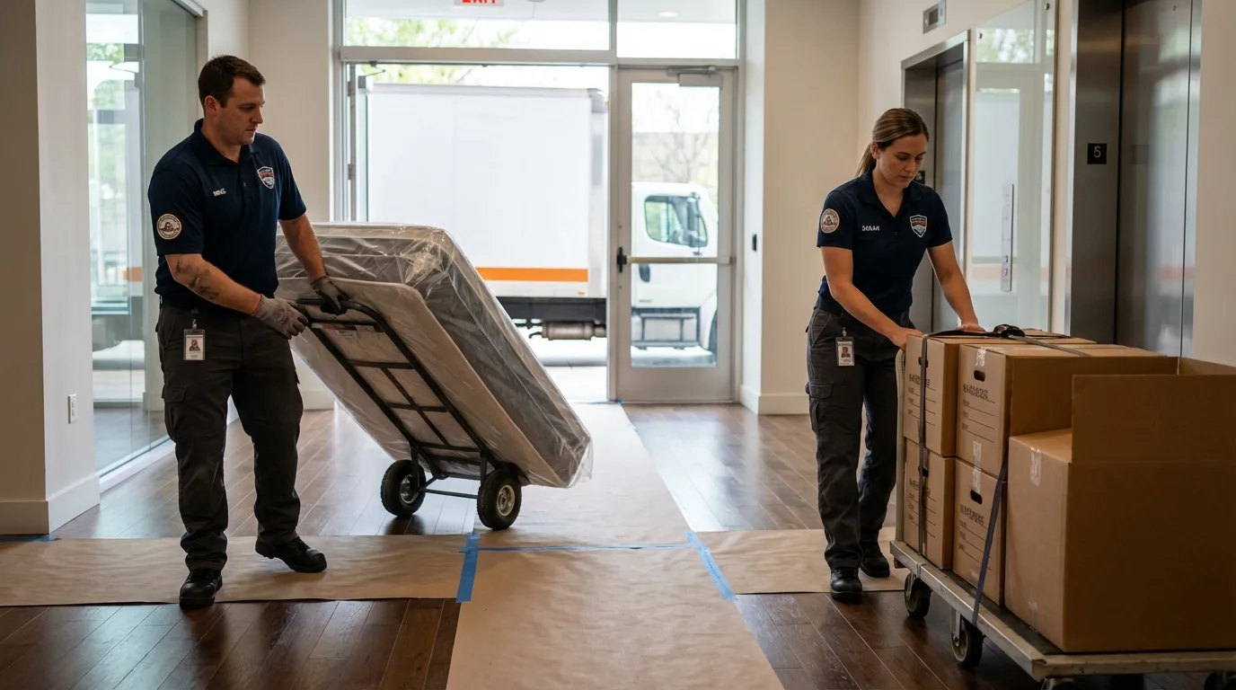 Professional apartment movers loading elevator in Thorp, WI