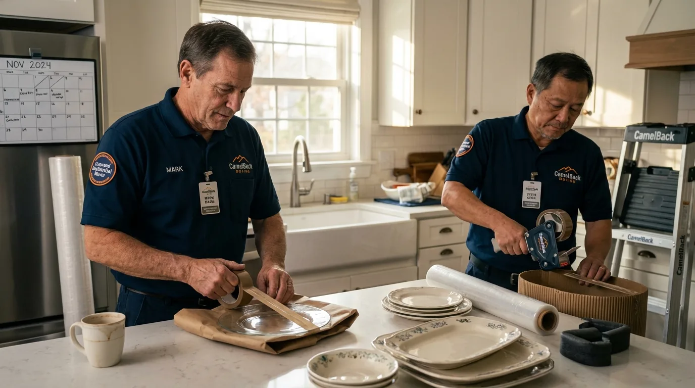 Professional crew packing kitchen dishware in Thorp, WI